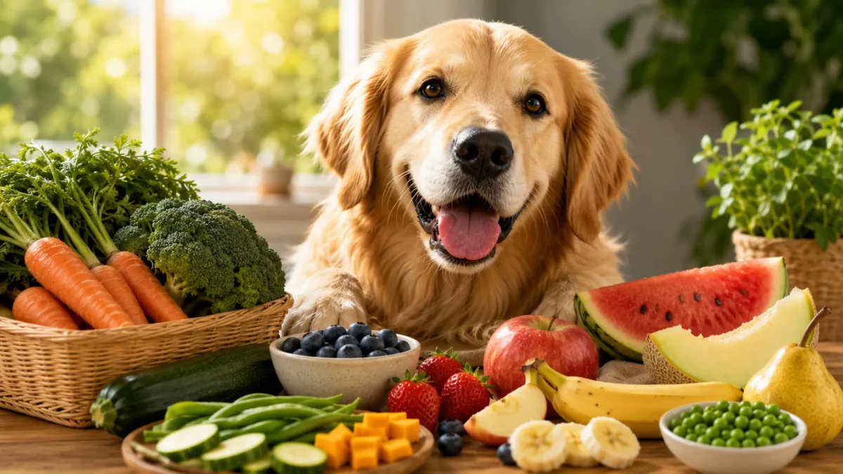 perro junto a un bol de frutas y verduras seguras para perros.