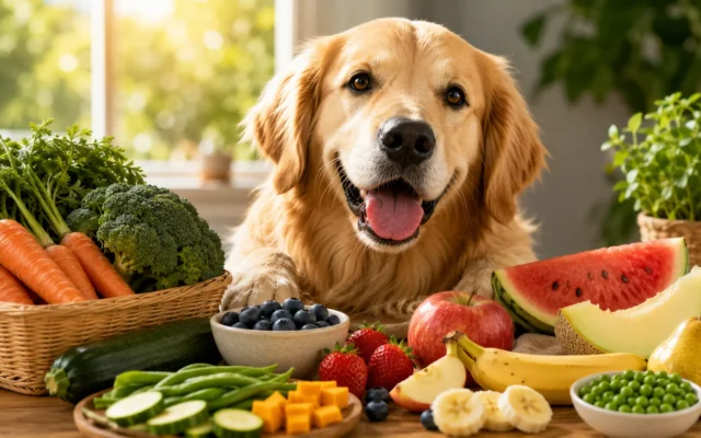 perro junto a un bol de frutas y verduras seguras para perros.