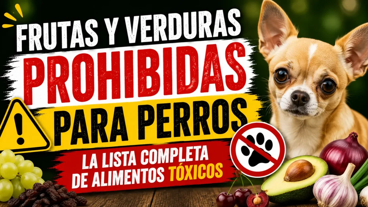 Alimentos prohibidos para perros junto a un chihuahua: uvas, pasas, cerezas, aguacate, cebolla y ajo con señal de prohibido