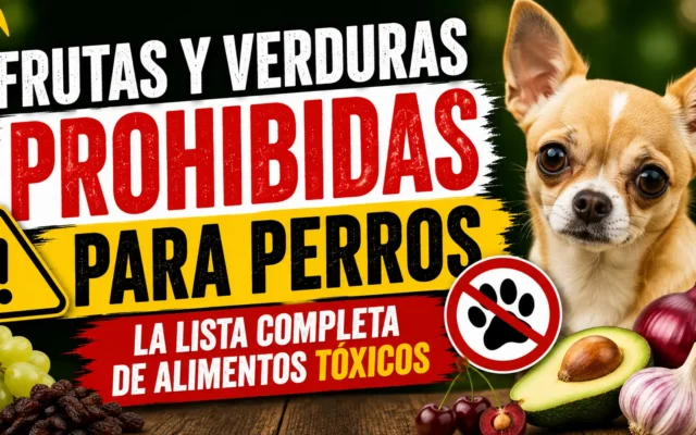 Alimentos prohibidos para perros junto a un chihuahua: uvas, pasas, cerezas, aguacate, cebolla y ajo con señal de prohibido
