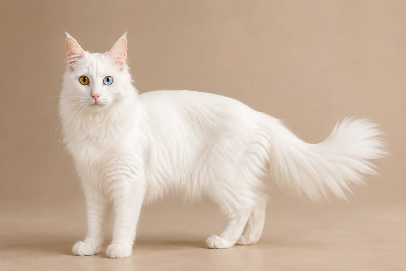 gato angora turco blanco de cuerpo estilizado y cara triangular