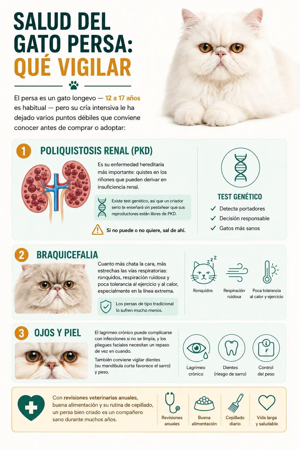 infografía de salud del gato persa: poliquistosis renal PKD, braquicefalia, ojos y piel