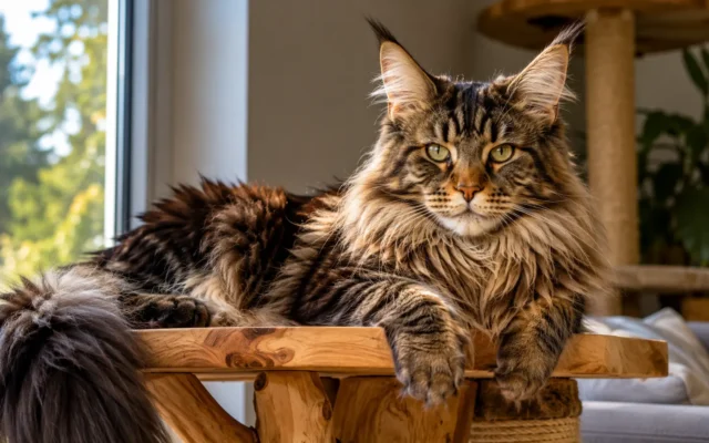 gato maine coon adulto, la raza de gato doméstico más grande.
