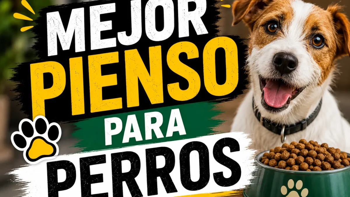 Perro Jack Russell terrier junto a un comedero verde lleno de pienso seco