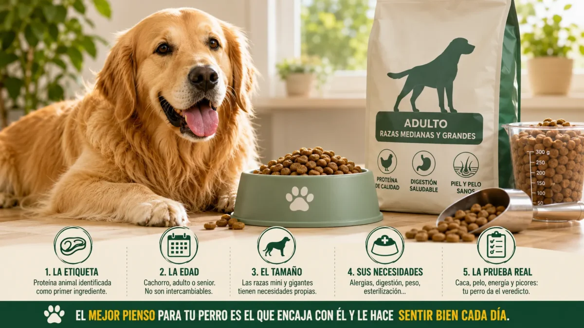 perro eligiendo su pienso, guía para escoger el mejor alimento.