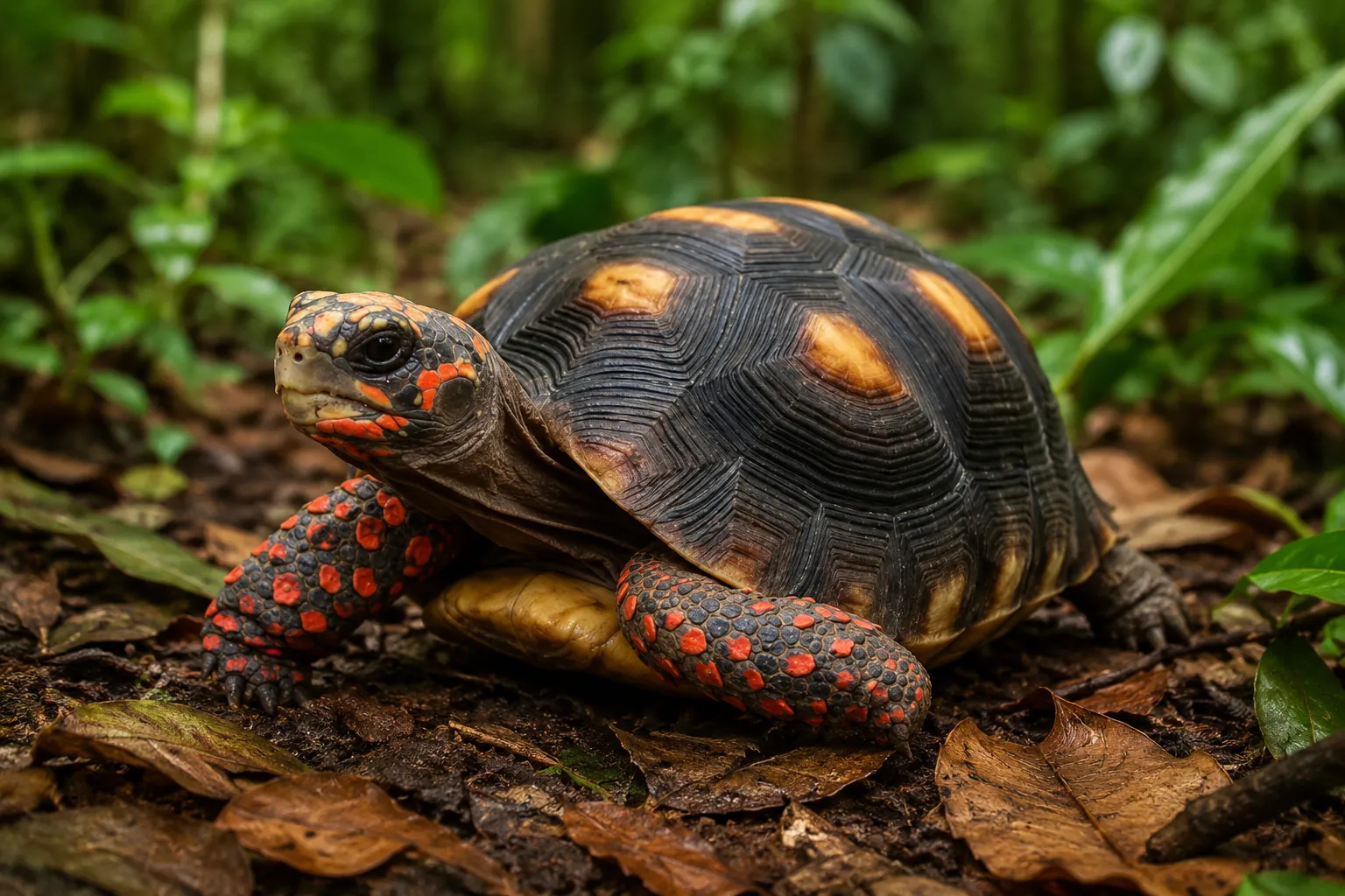 Morrocoy o tortuga de patas rojas con escamas rojizas en las patas y la cabeza