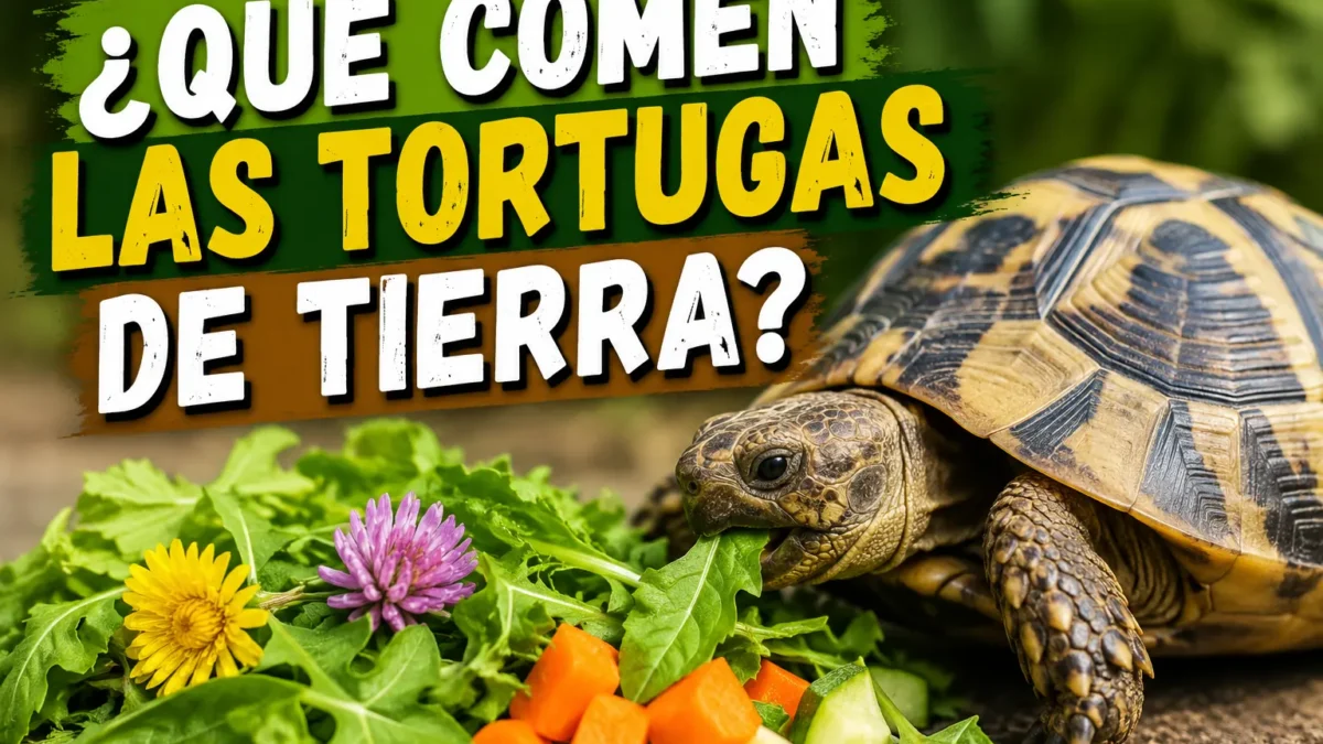 Tortuga de tierra mediterránea comiendo hojas verdes junto a diente de león y flor de trébol