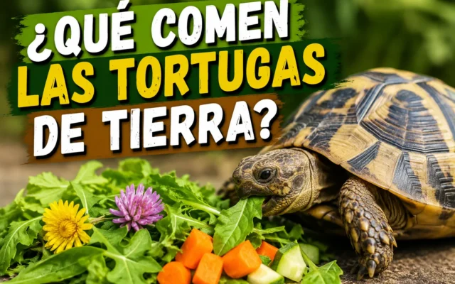 Tortuga de tierra mediterránea comiendo hojas verdes junto a diente de león y flor de trébol