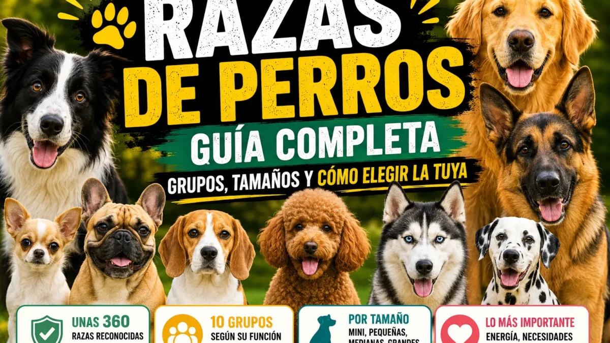 Grupo de perros de distintas razas y tamaños: border collie, golden retriever, pastor alemán, chihuahua, bulldog francés, beagle, caniche, husky y dálmata