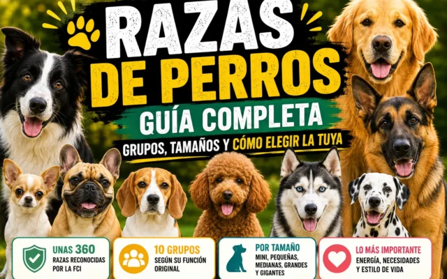 Grupo de perros de distintas razas y tamaños: border collie, golden retriever, pastor alemán, chihuahua, bulldog francés, beagle, caniche, husky y dálmata