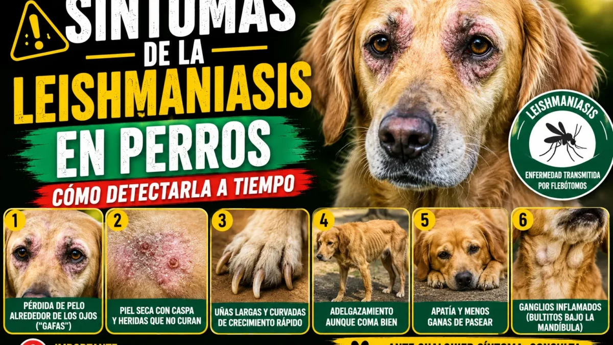 Perro con síntomas de leishmaniasis: pérdida de pelo alrededor de los ojos, lesiones en la piel, uñas largas curvadas, adelgazamiento, apatía y ganglios inflamados
