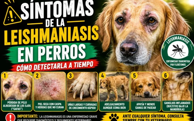 Perro con síntomas de leishmaniasis: pérdida de pelo alrededor de los ojos, lesiones en la piel, uñas largas curvadas, adelgazamiento, apatía y ganglios inflamados