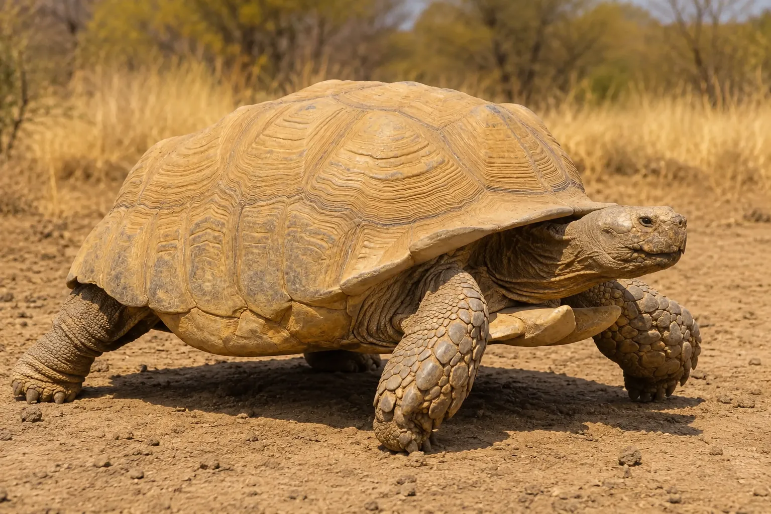 Tortuga sulcata adulta de caparazón pardo con surcos profundos entre los escudos
