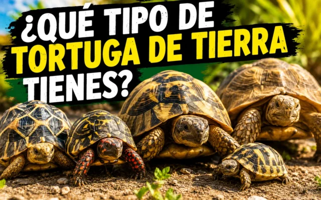 Varias tortugas de tierra de especies distintas juntas sobre el suelo, comparadas por tamaño y por el dibujo de su caparazón