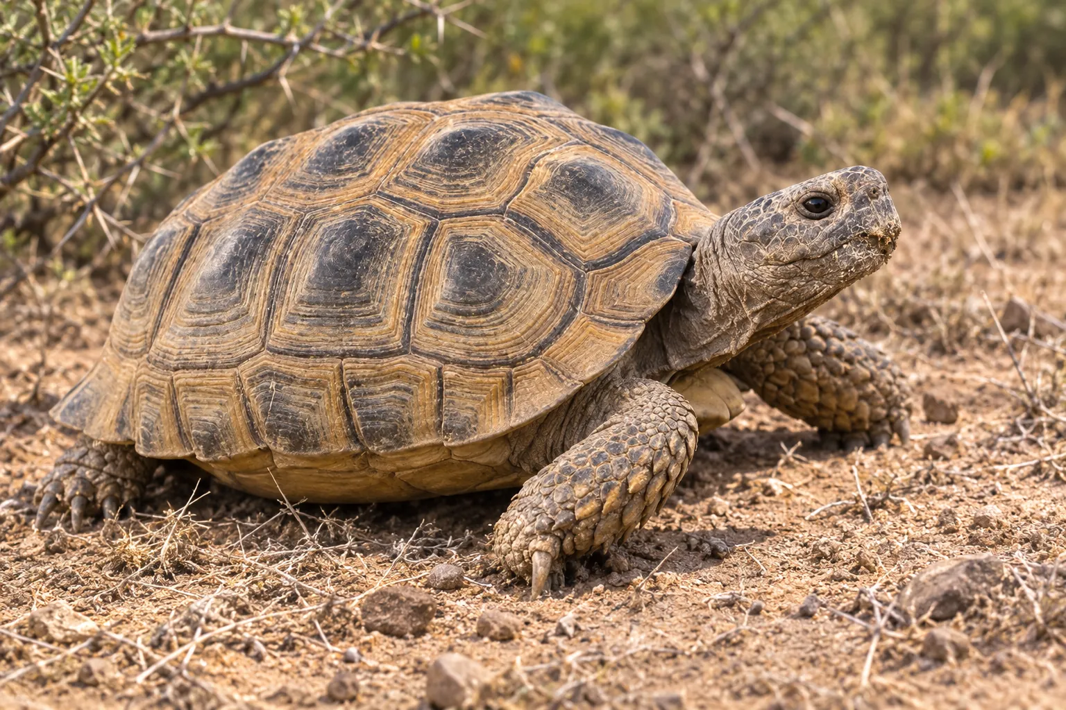 Tortuga chaqueña o argentina sobre suelo árido, con los anillos de crecimiento marcados en el caparazón
