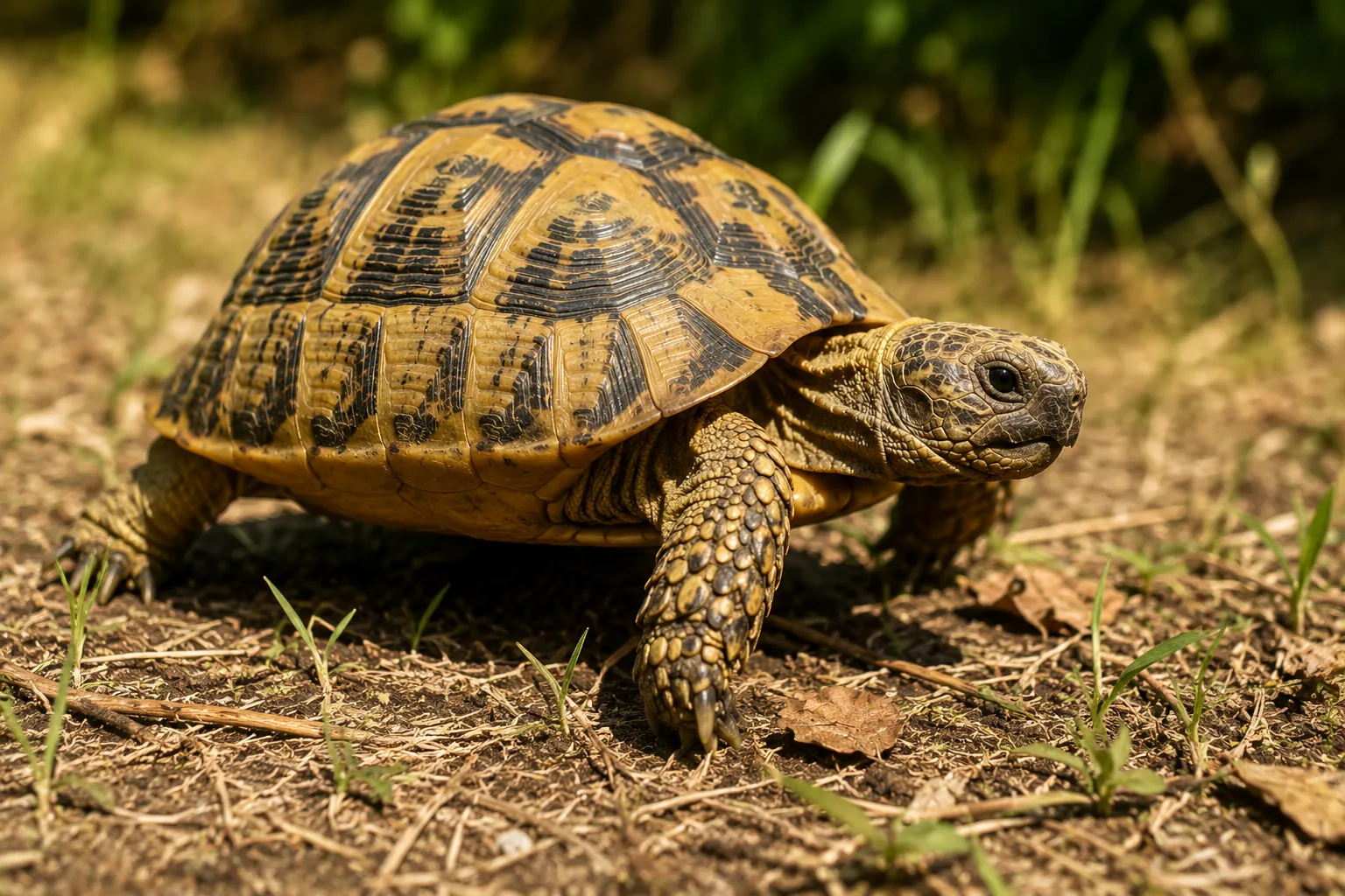Tortuga de tierra mediterránea caminando sobre el suelo, con las patas gruesas y con uñas, sin membrana entre los dedos