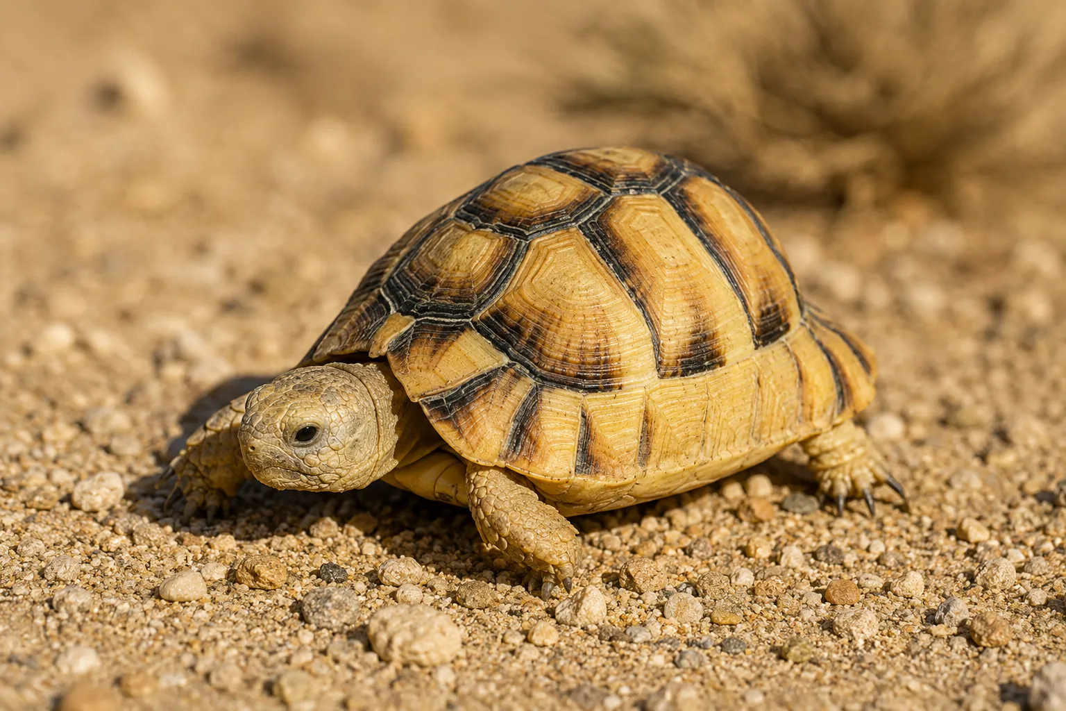 Tortuga egipcia Testudo kleinmanni de caparazón ocre dorado con los escudos perfilados en negro