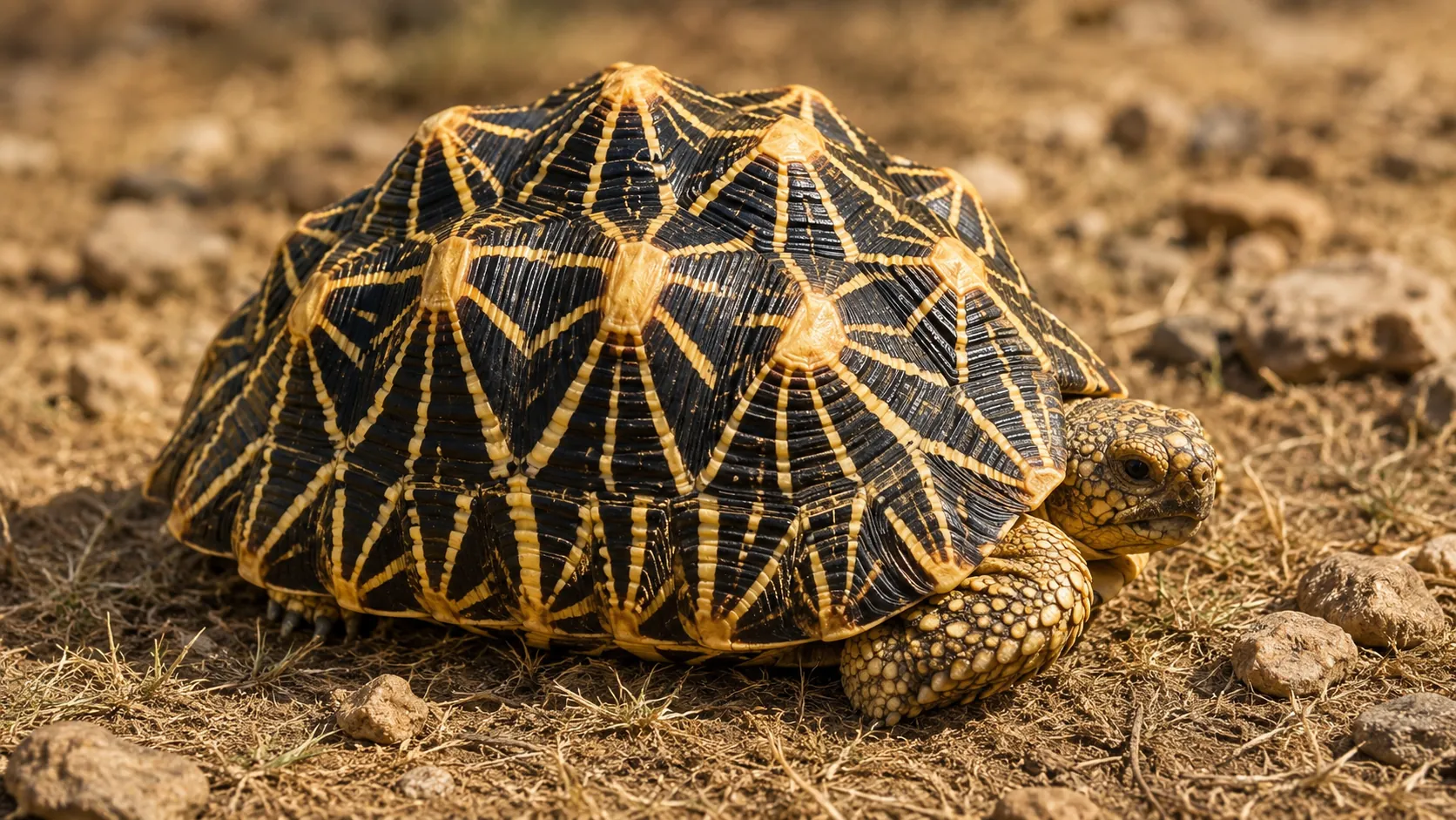 Tortuga estrellada india con el dibujo de líneas amarillas radiadas sobre el caparazón negro