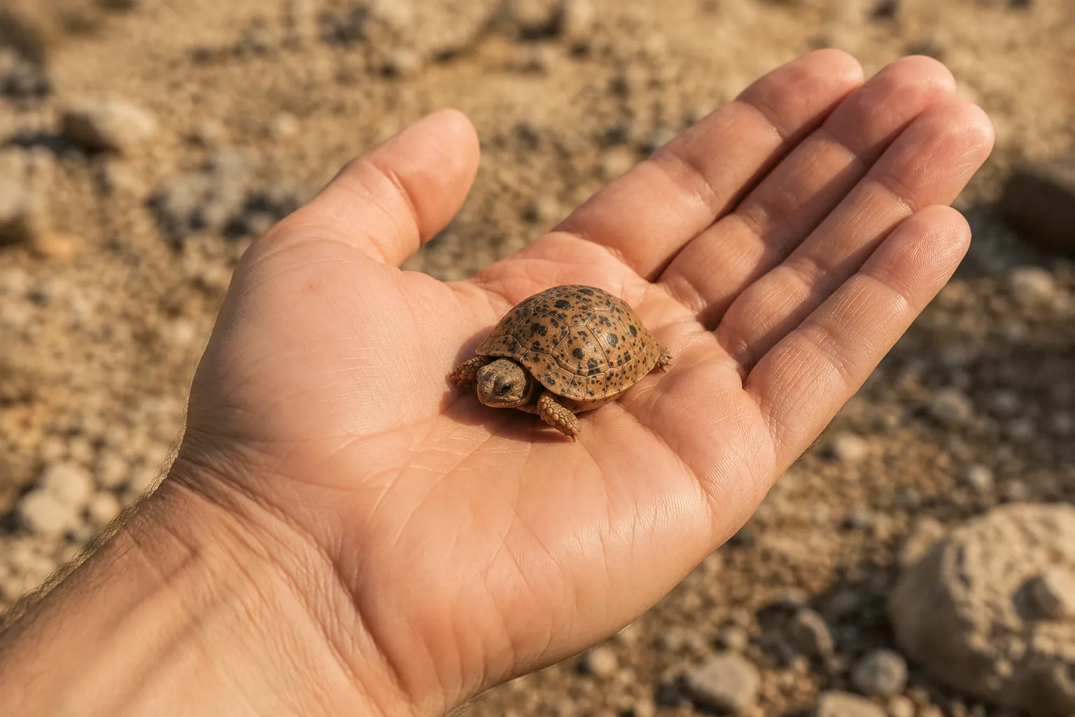 Tortuga manchada de El Cabo sostenida en la palma de una mano, que muestra sus escasos 8 centímetros