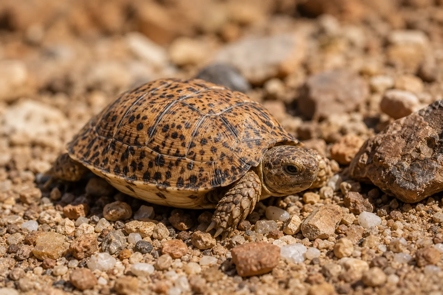 Tortuga manchada de El Cabo, la más pequeña del mundo, sobre grava que muestra su diminuto tamaño