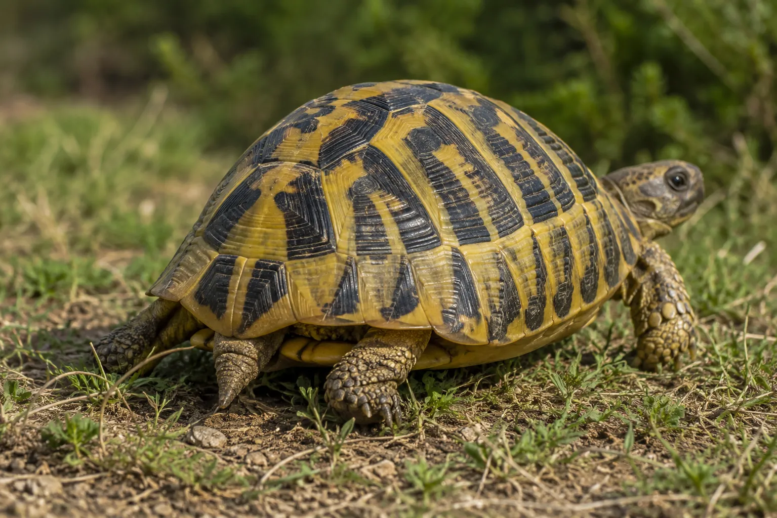 Tortuga mediterránea Testudo hermanni con la placa sobre la cola dividida en dos y la uña córnea en la punta de la cola
