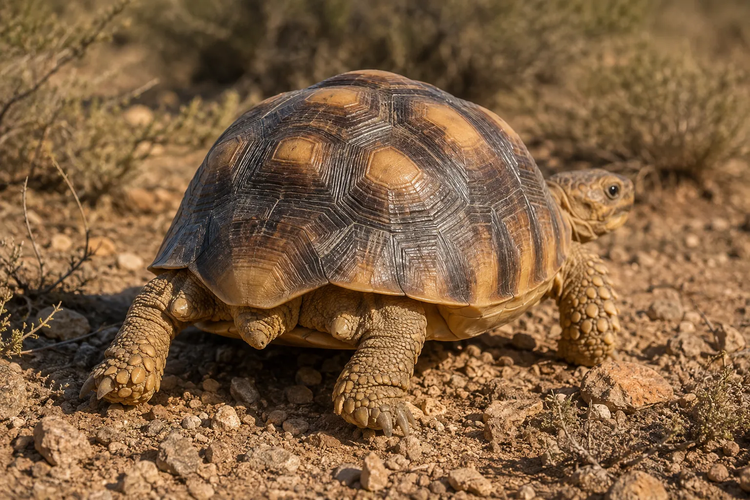 Tortuga mora Testudo graeca con los dos espolones córneos visibles en los muslos traseros