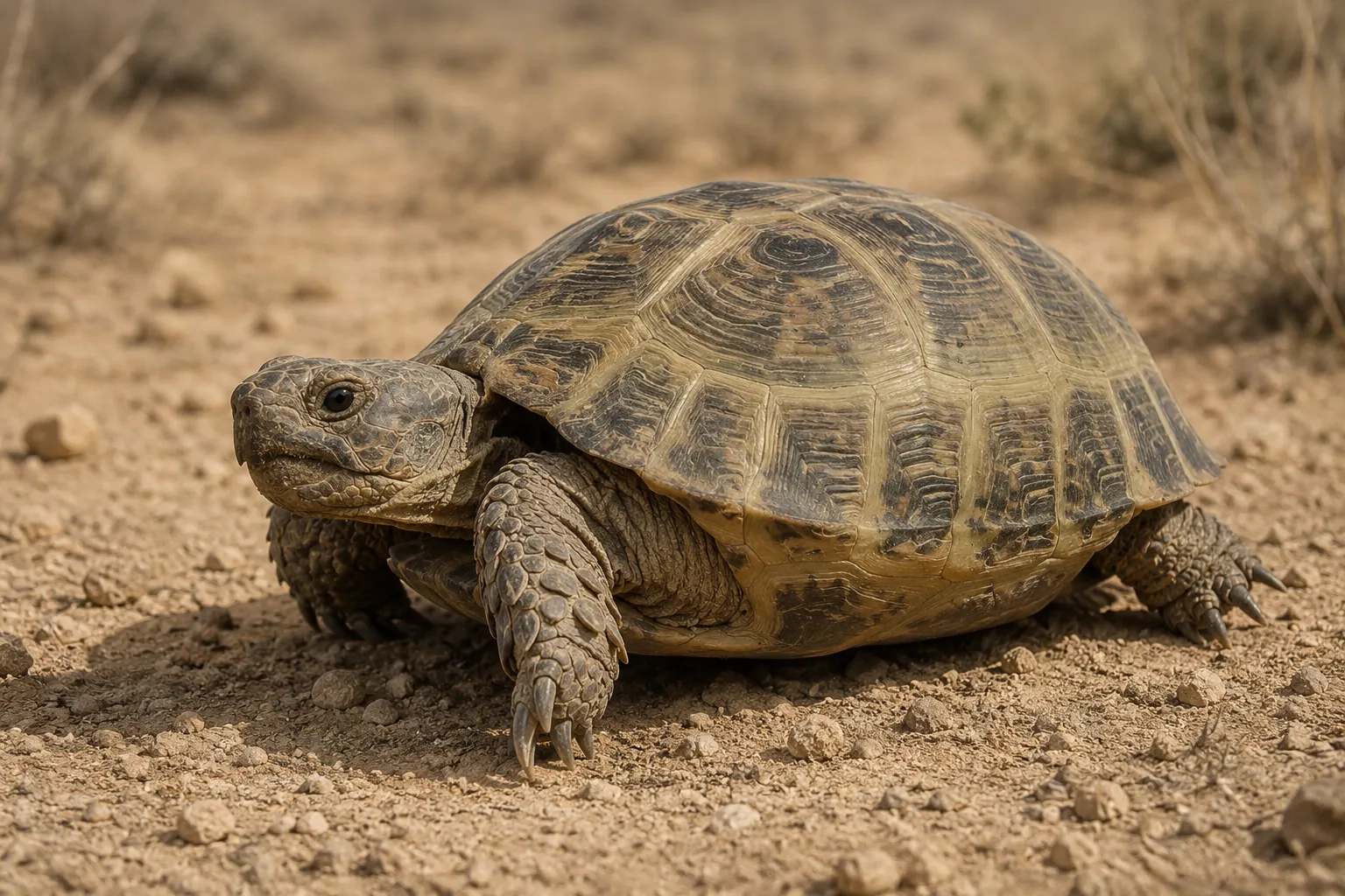 Tortuga rusa o de Horsfield con la pata delantera extendida mostrando sus cuatro uñas