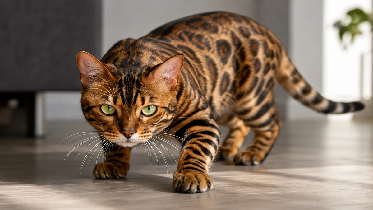 Gato bengalí de pelaje moteado en rosetas en postura de acecho