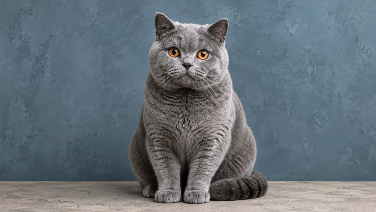 Gato british shorthair azul de cuerpo compacto y cara redonda sentado de frente