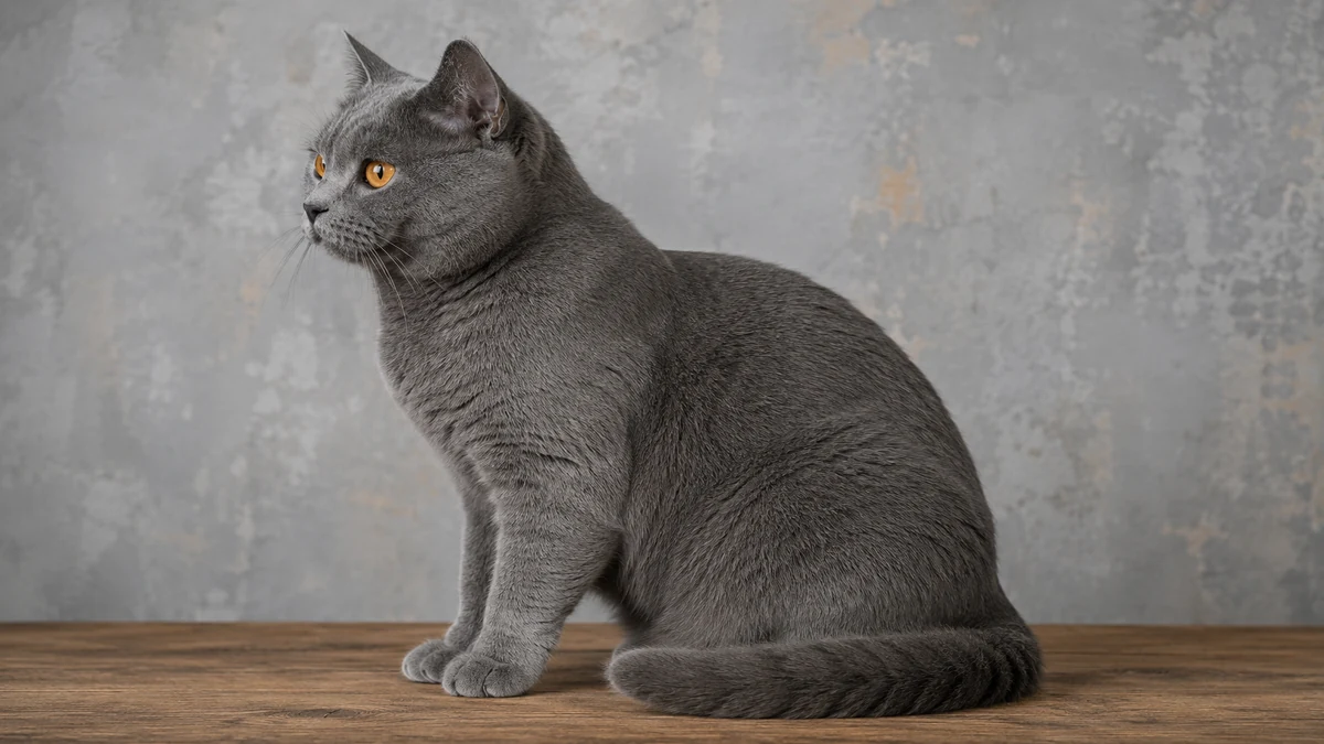 Gato chartreux gris azulado de pelo lanoso y ojos cobrizos sentado de perfil