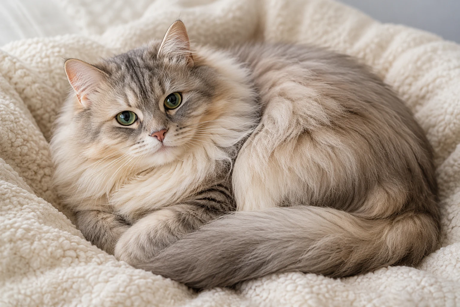 Gato ragamuffin de pelaje semilargo muy denso acurrucado