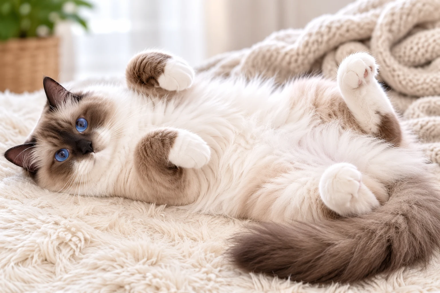 Gato ragdoll bicolor de ojos azules tumbado completamente relajado