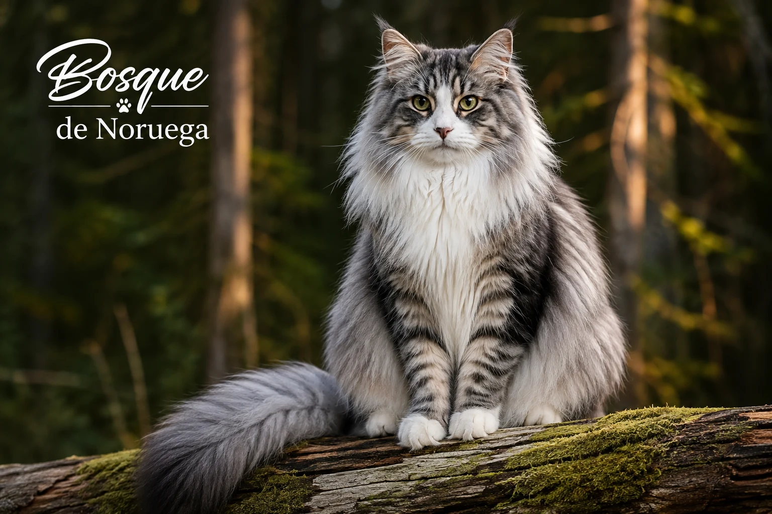 Gato bosque de Noruega de pelaje largo y doble capa sentado erguido