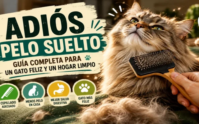 Gato de pelo largo disfrutando mientras lo cepillan con una carda, con pelo suelto acumulado, junto al rótulo «Adiós pelo suelto»