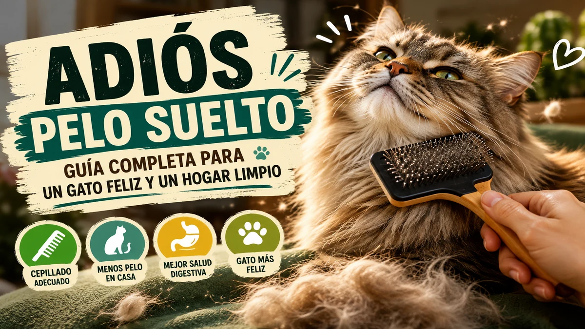 Gato de pelo largo disfrutando mientras lo cepillan con una carda, con pelo suelto acumulado, junto al rótulo «Adiós pelo suelto»