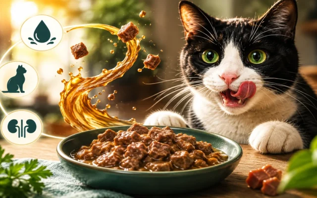 Gato blanco y negro relamiéndose junto a un cuenco de comida húmeda con trozos en salsa, con iconos de hidratación y salud renal