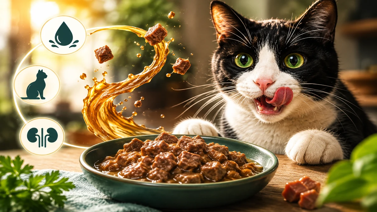 Gato blanco y negro relamiéndose junto a un cuenco de comida húmeda con trozos en salsa, con iconos de hidratación y salud renal