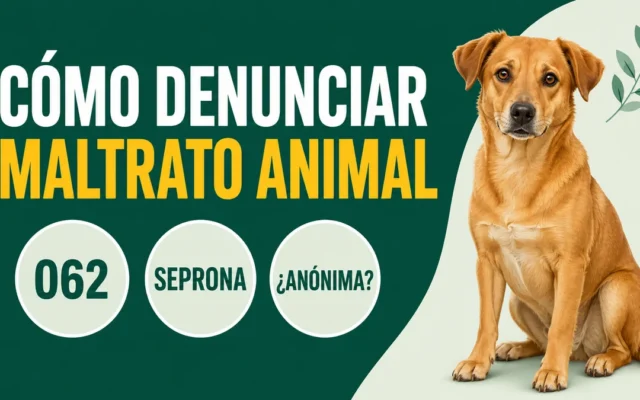 Perro mestizo sentado junto al rótulo «Cómo denunciar maltrato animal», con las insignias 062, SEPRONA y denuncia anónima