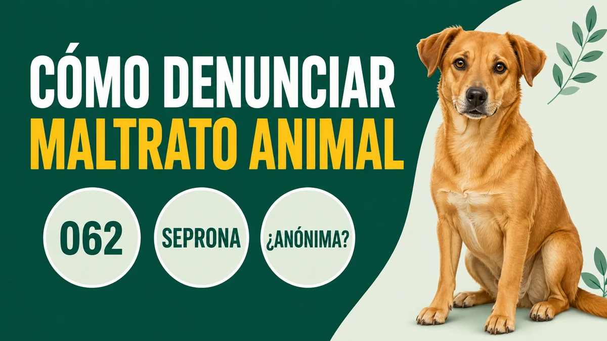 Perro mestizo sentado junto al rótulo «Cómo denunciar maltrato animal», con las insignias 062, SEPRONA y denuncia anónima