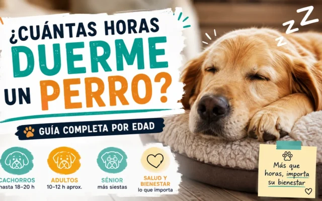Perro golden retriever durmiendo junto a una guía sobre cuántas horas duerme un perro según su edad
