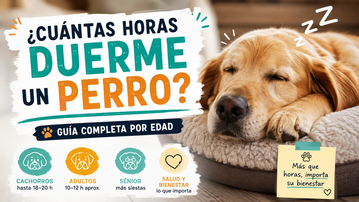 Perro golden retriever durmiendo junto a una guía sobre cuántas horas duerme un perro según su edad