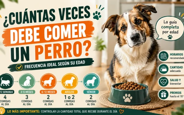 Perro junto a su comedero con una guía sobre cuántas veces debe comer según su edad