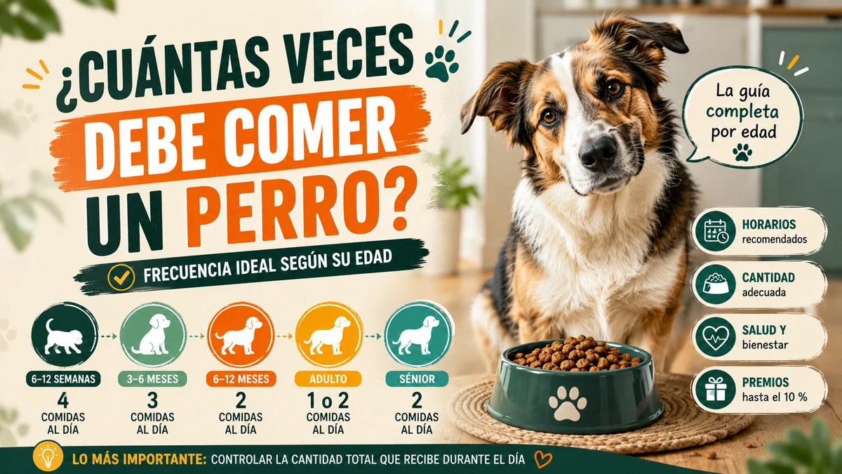 Perro junto a su comedero con una guía sobre cuántas veces debe comer según su edad