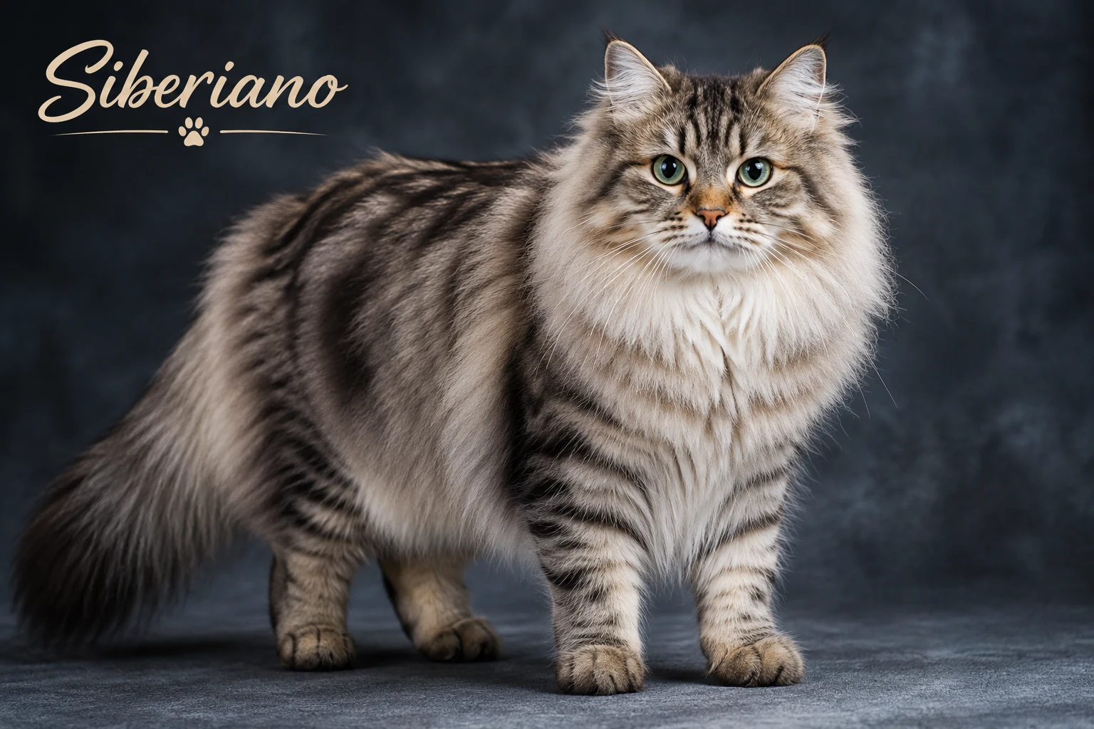 Gato siberiano adulto de pelaje denso triple capa de pie y alerta