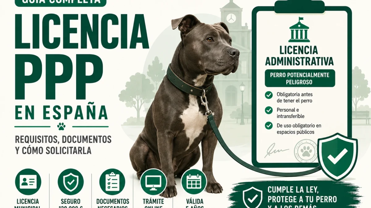 Perro atado con correa junto a un documento de licencia administrativa para perros potencialmente peligrosos