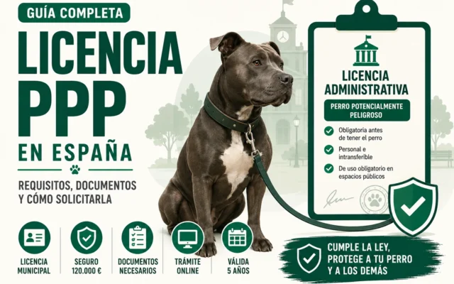 Perro atado con correa junto a un documento de licencia administrativa para perros potencialmente peligrosos