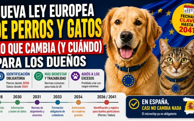 Infografía con un golden retriever y un gato atigrado sobre la bandera europea, el rótulo «Nueva ley europea de perros y gatos» y la línea de tiempo con los plazos de 2028 a 2041