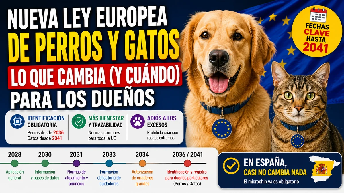 Infografía con un golden retriever y un gato atigrado sobre la bandera europea, el rótulo «Nueva ley europea de perros y gatos» y la línea de tiempo con los plazos de 2028 a 2041