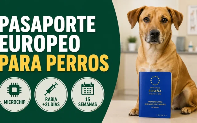 Perro mestizo sentado en una clínica veterinaria junto a un cuadernillo azul con una huella dorada, con el rótulo «Pasaporte europeo para perros» y las insignias microchip, rabia y 15 semanas