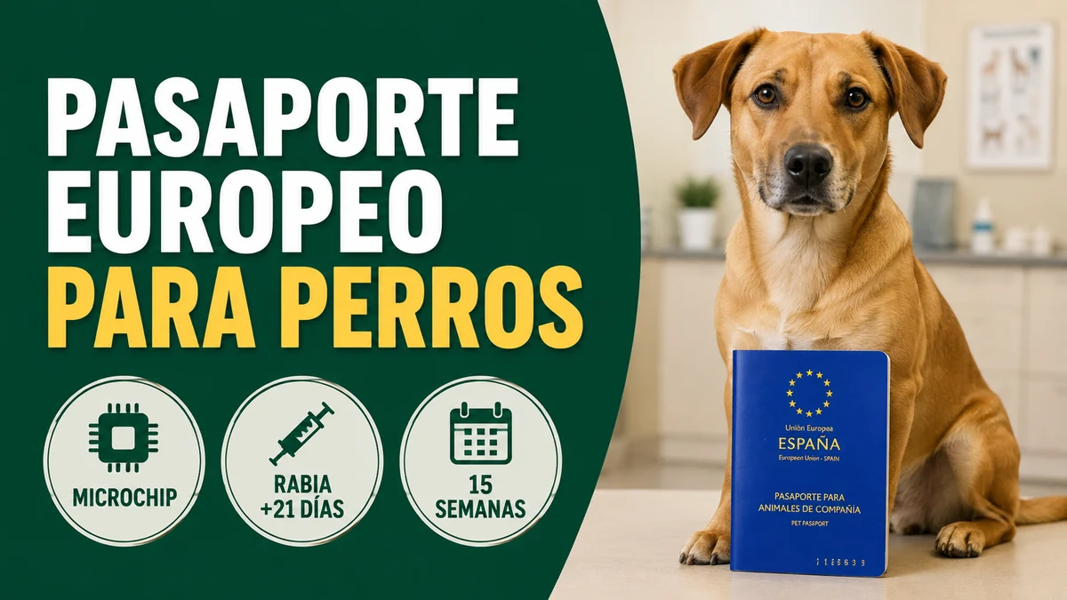 Perro mestizo sentado en una clínica veterinaria junto a un cuadernillo azul con una huella dorada, con el rótulo «Pasaporte europeo para perros» y las insignias microchip, rabia y 15 semanas